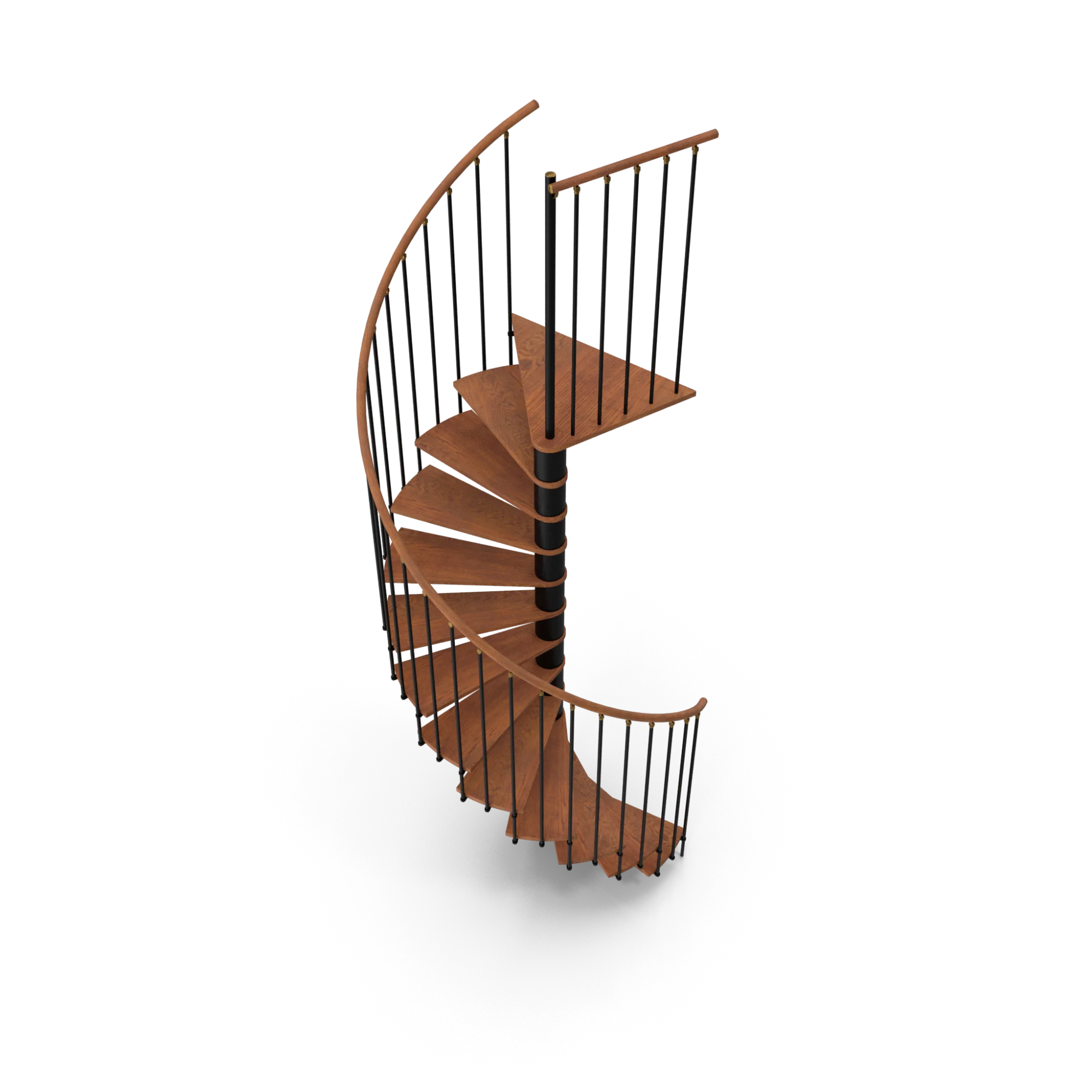 A graceful spiral staircase with warm wooden steps, black metal central support, and slender black vertical balusters